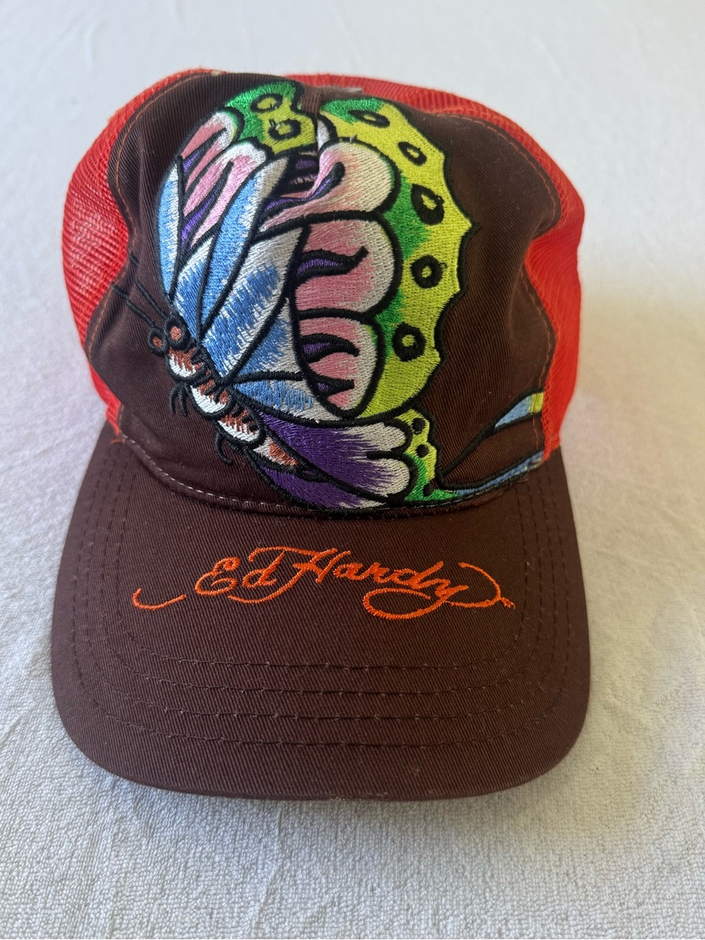 Vintage Ed Hardy Brown & Red Butterfly Trucker Hat